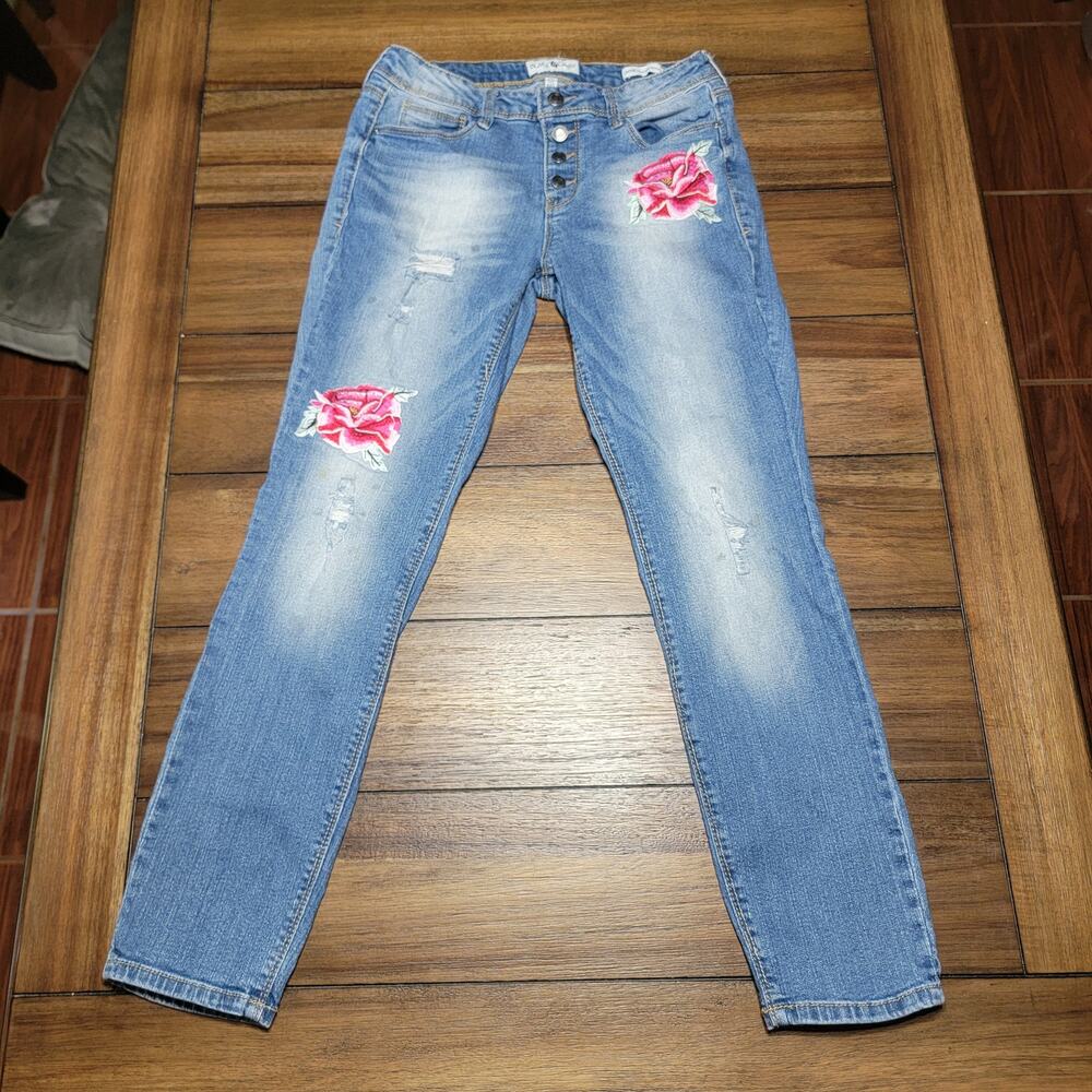 Black Daisy Jamie Relaxed Skinny Denim Jeans w/ Roses - Size Junior 5/27